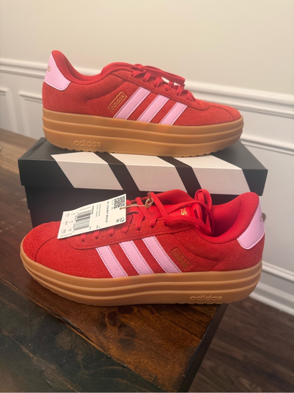 Red Suede Adidas VL Court Bold platform sneakers w gum sole